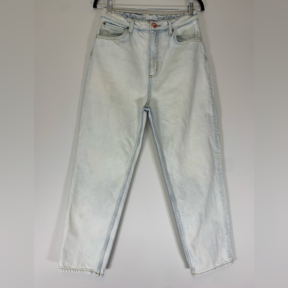 Sandro Paris Light Wash Straight Leg Jeans - Red Elephant Button - Size EU40